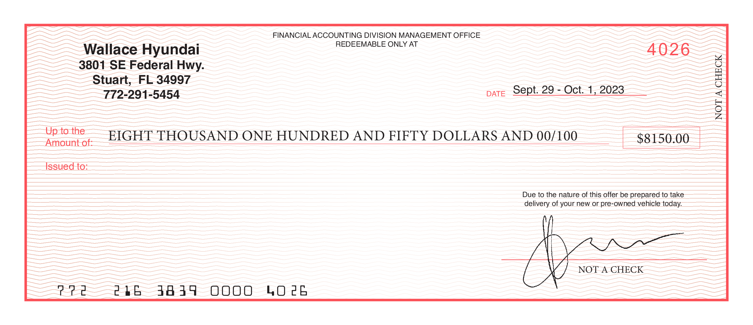 Redeemable at Wallace Hyundai